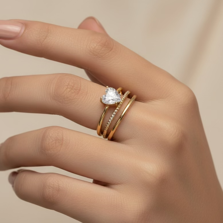 Woman’s hand wearing stacked gold rings with a heart-shaped gemstone, elegant jewelry