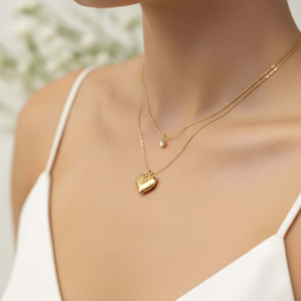 Woman wearing layered gold necklaces with heart pendant and solitaire charm
