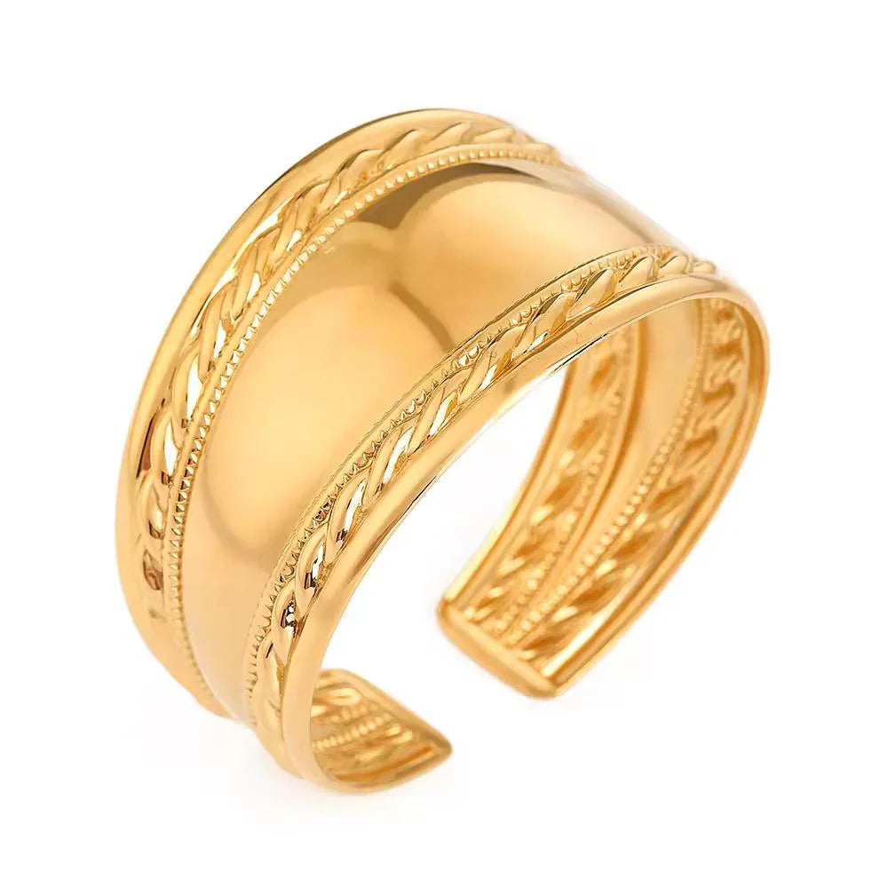 Wide gold cuff bracelet with rope detailing, anti-tarnish jewelry for men and women