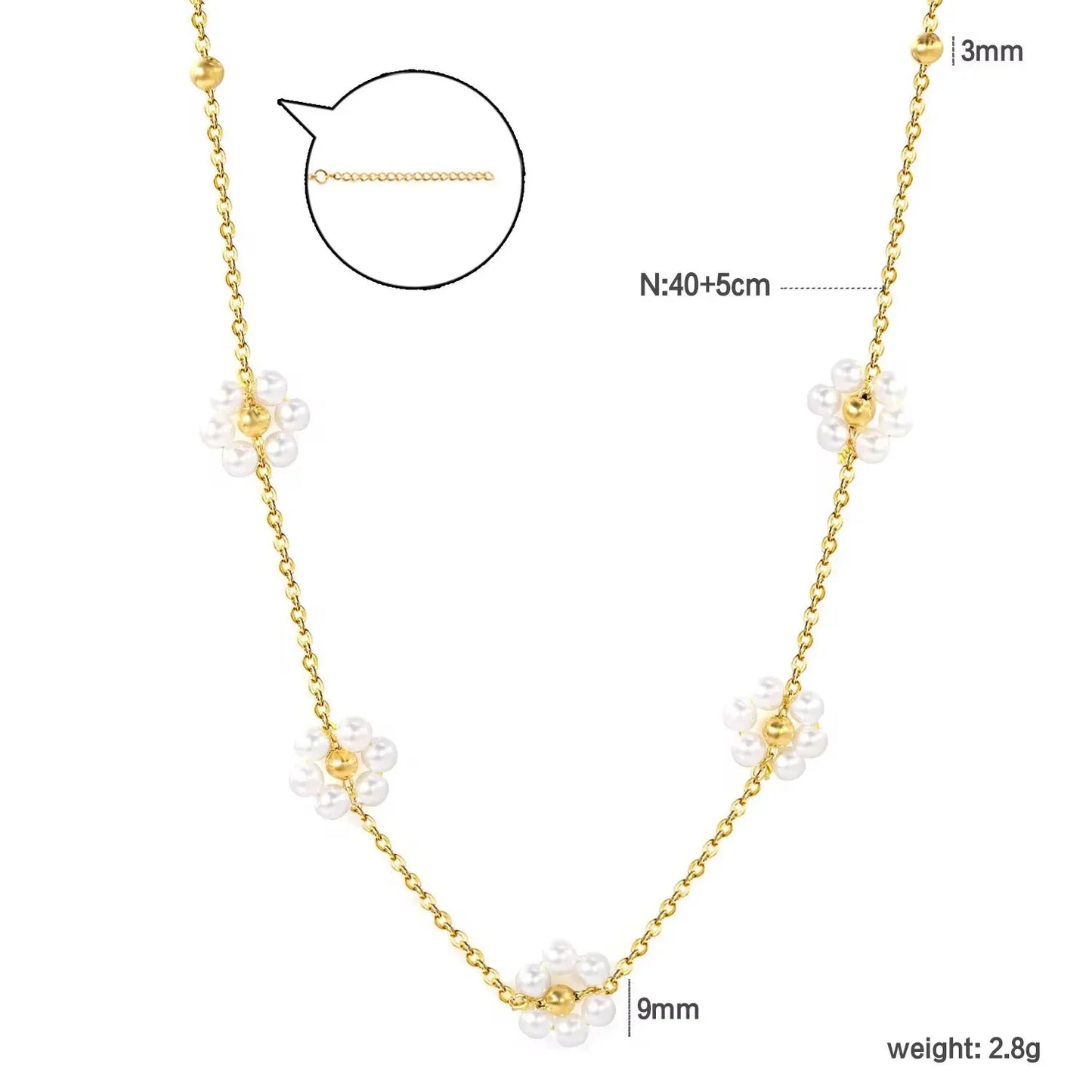 Gold chain necklace with small white pearl flower clusters, 40+5cm length, 3mm links.