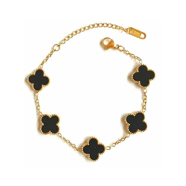Gold chain bracelet with five black four-leaf clover charms, elegant jewelry