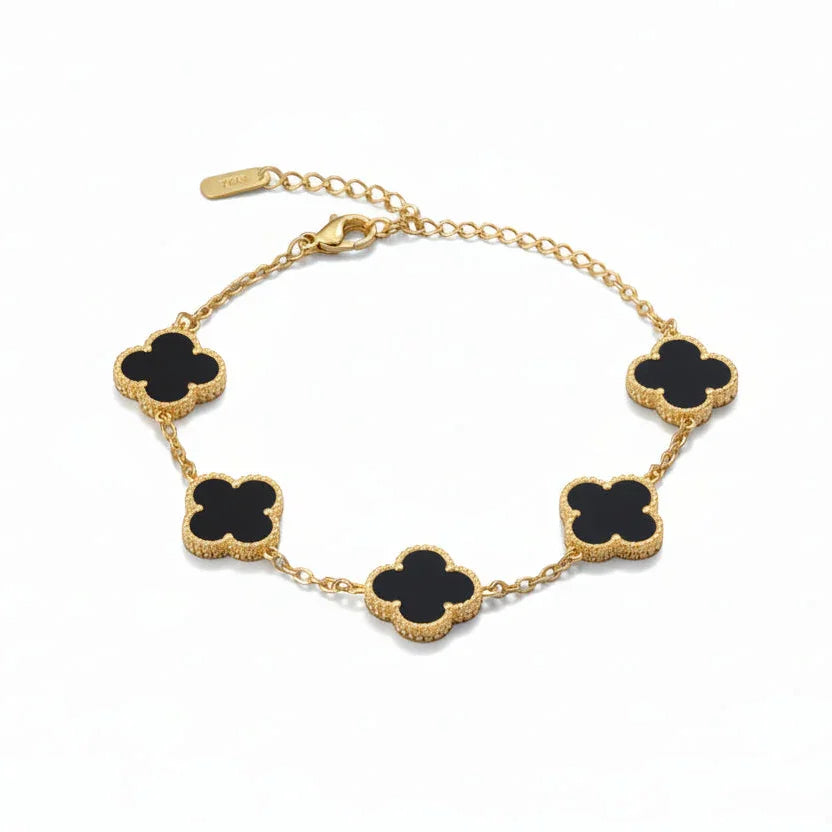 Gold chain bracelet with black four-leaf clover charms, elegant anti-tarnish jewelry