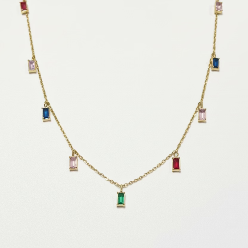 Rainbow Baguette Stone Dainty Necklace