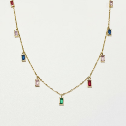 Rainbow Baguette Stone Dainty Necklace
