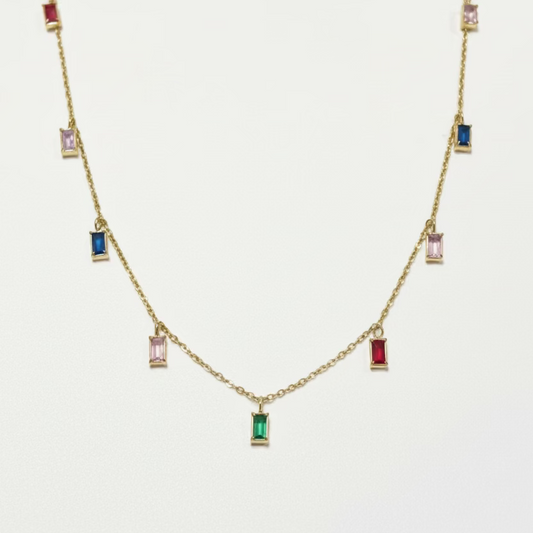 Rainbow Baguette Stone Dainty Necklace