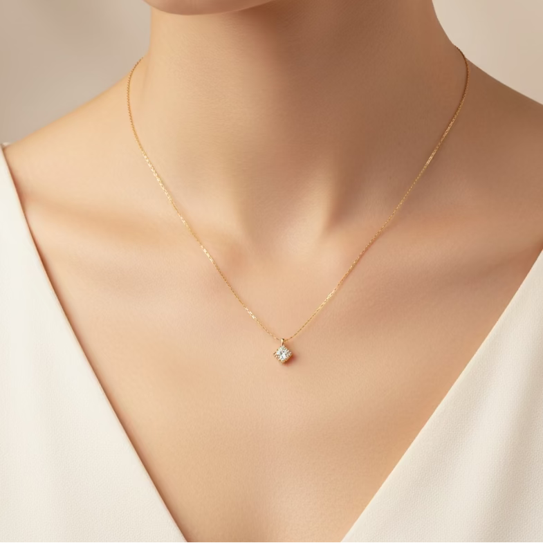 Gold Square Crystal Pendant Necklace for Women