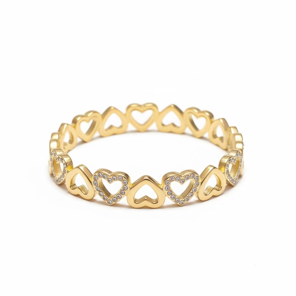 Gold heart-shaped bracelet with crystal accents, anti-tarnish jewelry for women