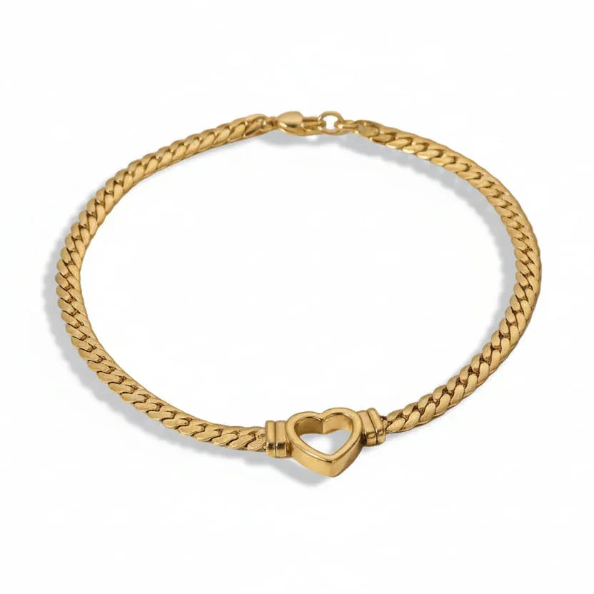 Gold chain bracelet with heart centerpiece, anti-tarnish jewelry for women