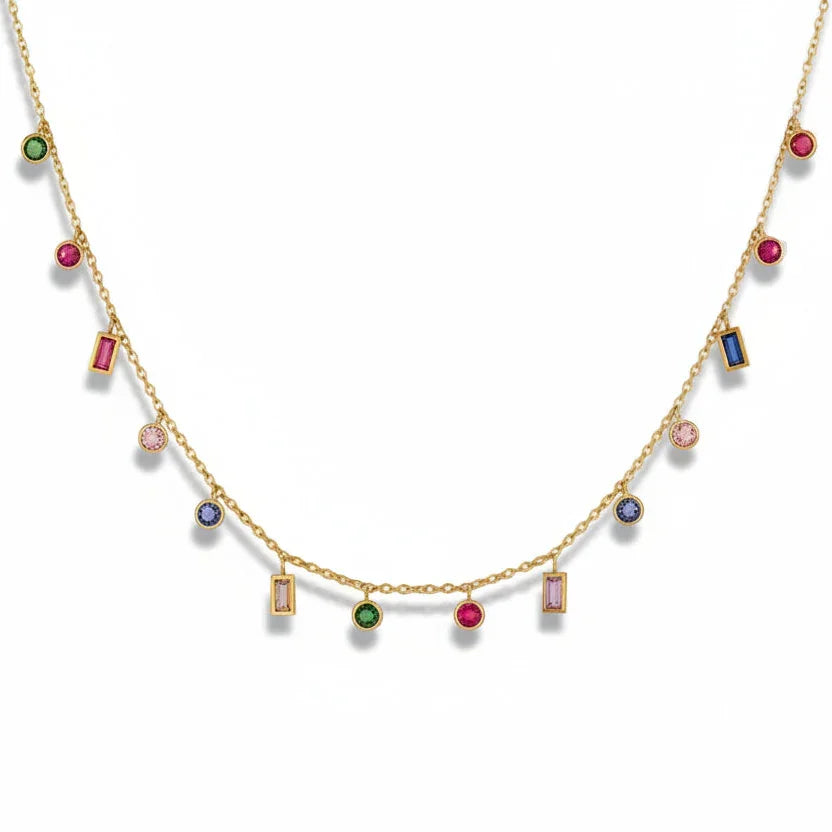 Gold chain necklace with multicolored gemstone charms for women, anti-tarnish jewelry