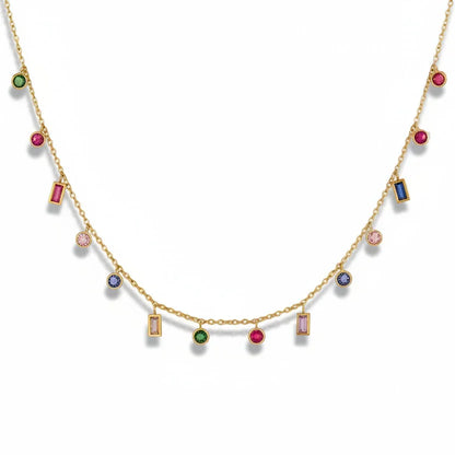 Gold chain necklace with multicolored gemstone charms for women, anti-tarnish jewelry