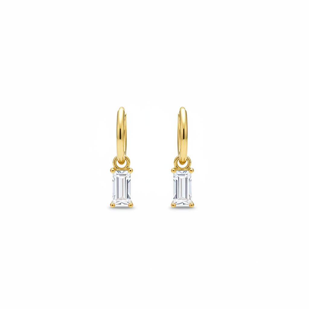 Clear Baguette Hoop Earrings - White Background
